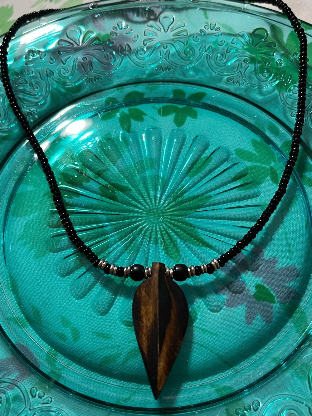 Vintage Artisan Carved Wooden Leaf Black Glass Beaded Necklace
